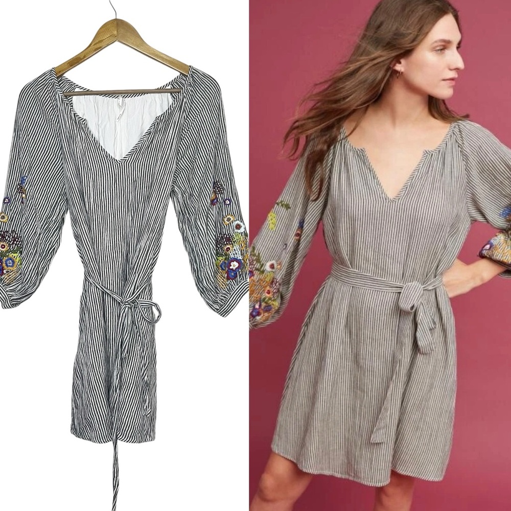 Feather Bone Striped Tunic Dress S Embroidered Anthropologie Cottagecore Floral